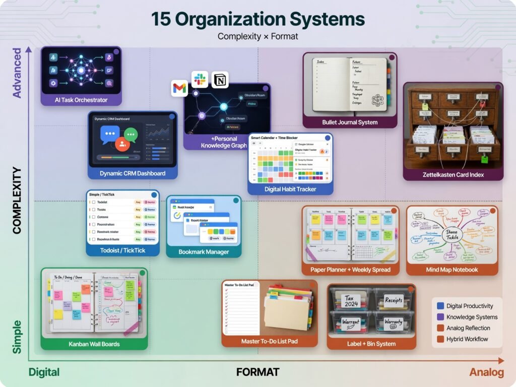 Chart showing 15 organization systems mapped by complexity (simple to advanced) and format (digital to analog), with icons for each system