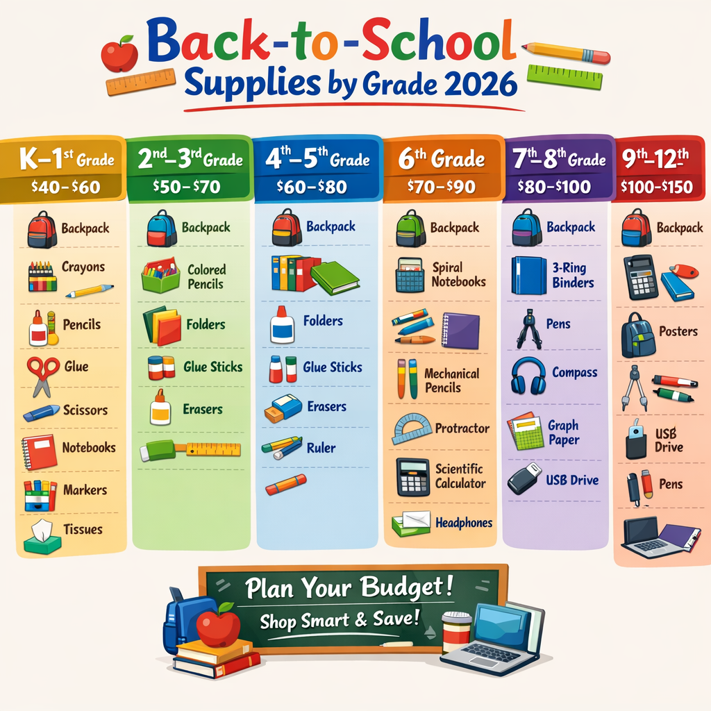 Infographic showing back-to-school supplies needed for each grade level K–12, with budget estimates and supply categories