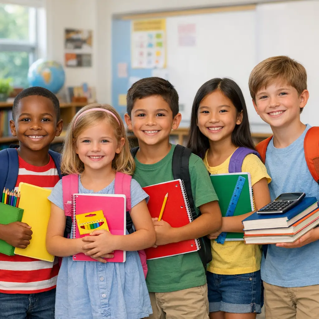 Elementary school children with backpacks and school supplies ready for new school year