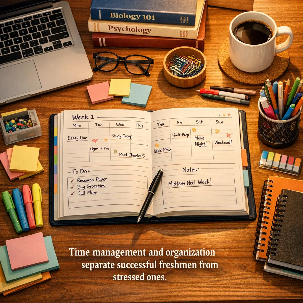 Organized college dorm desk with planner and study materials for freshman success
