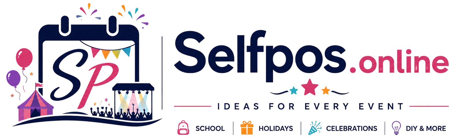 Selfpos.online logo featuring a colorful event-themed calendar icon with festive decorations representing school events, holidays, celebrations, DIY ideas, and seasonal content.