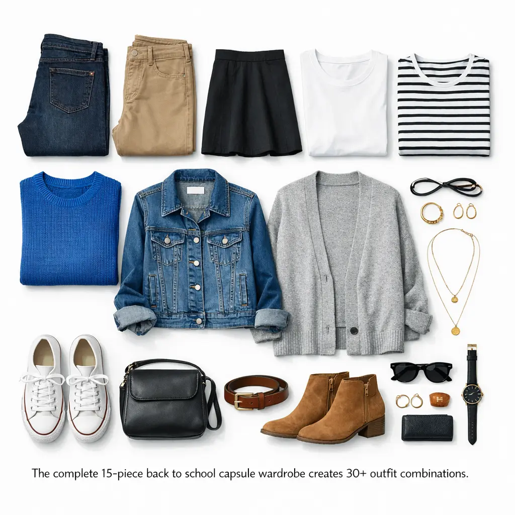 Back to school capsule wardrobe with 15 essential clothing pieces arranged on white background