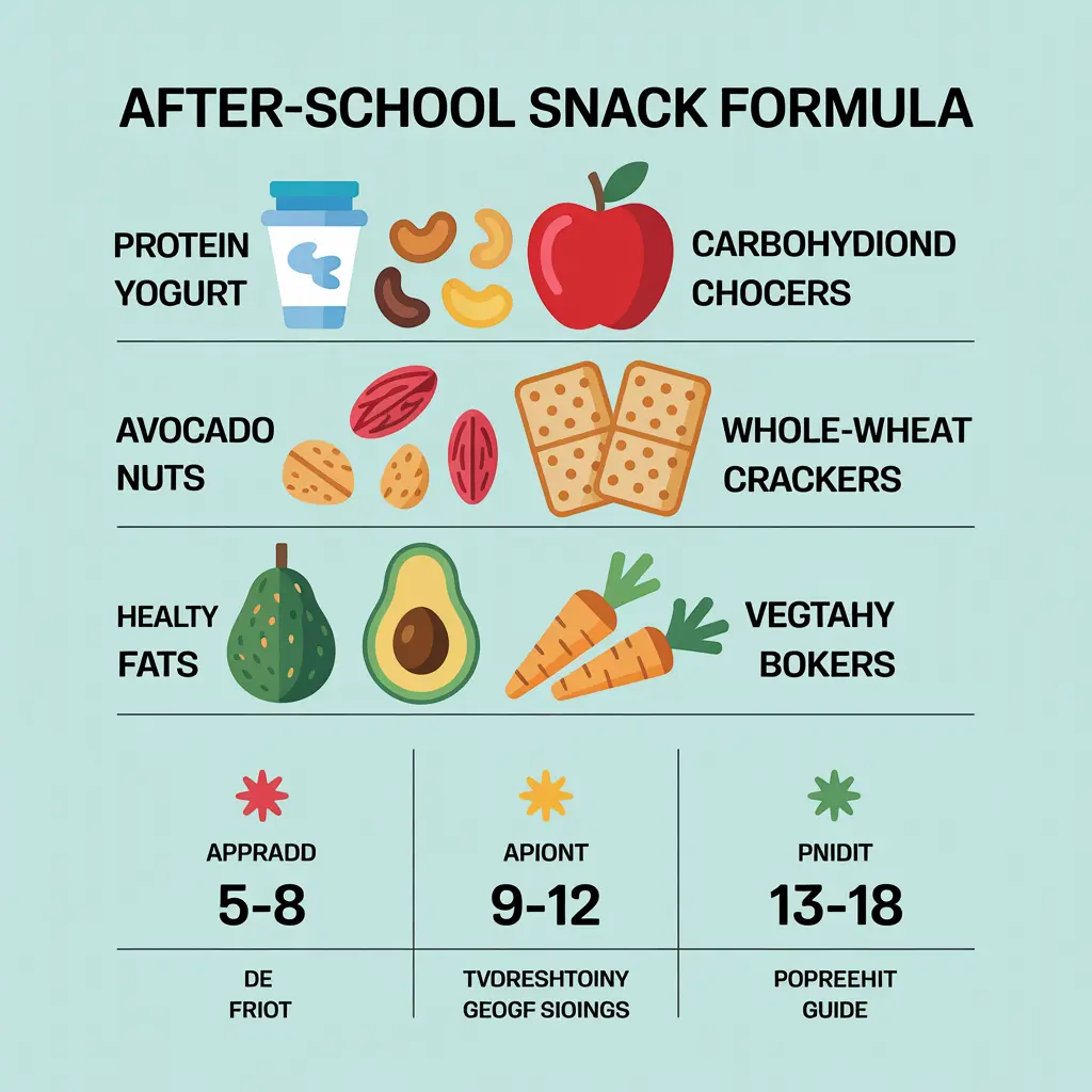 After school snack guidelines showing food group combinations and portion sizes by age