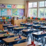 Empty elementary classroom prepared for back to school night with student desks and decorated bulletin boards