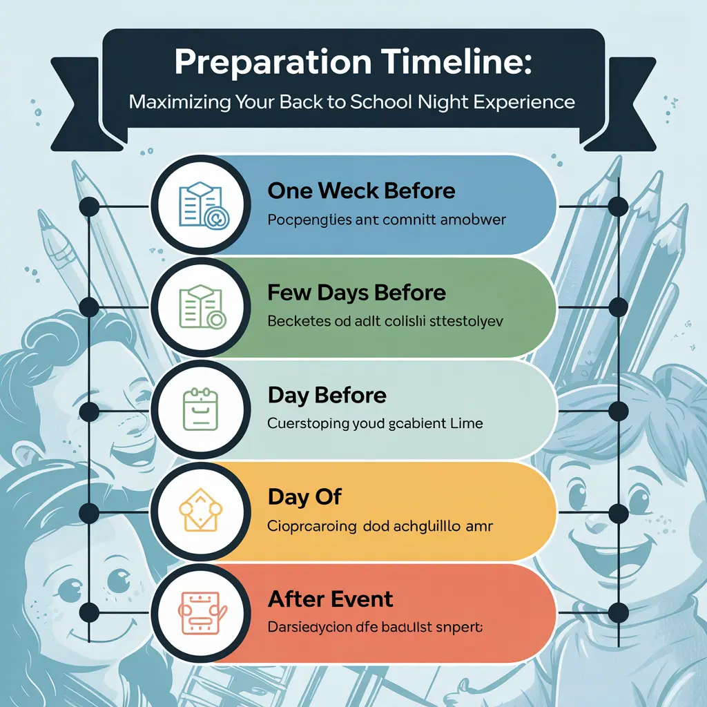 Timeline infographic showing how to prepare for back to school night from one week before through follow-up