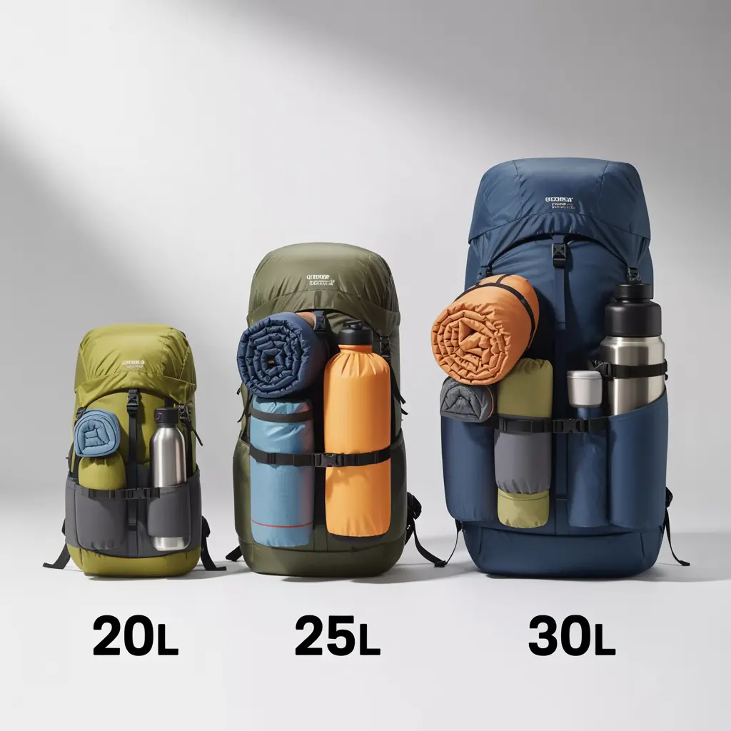Comparison of 20, 25, and 30 liter backpack capacities showing items that fit in each size