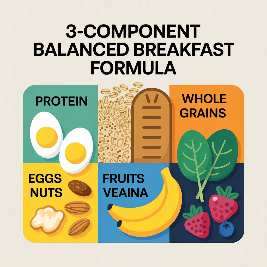 Infographic showing three components of healthy school breakfast: protein, whole grains, and produce