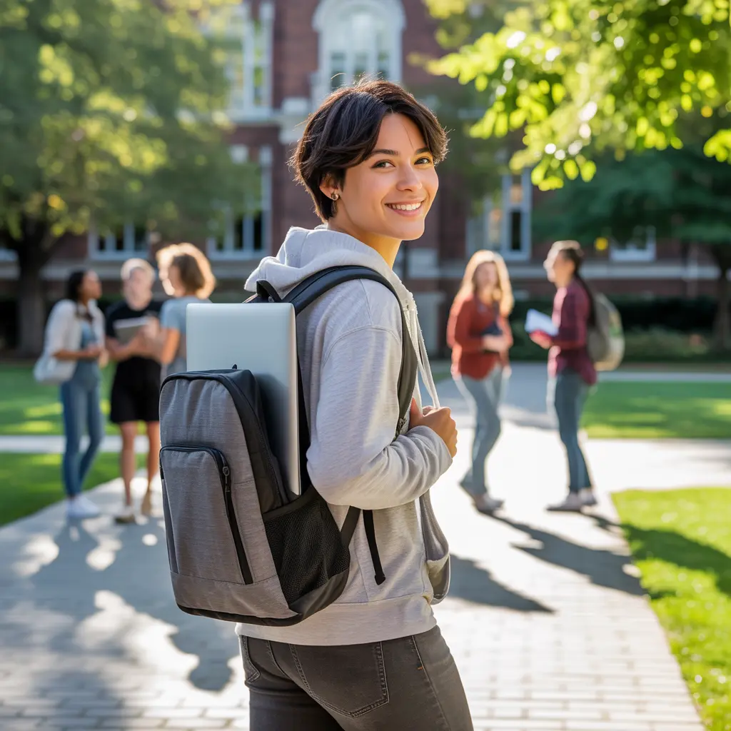 College student wearing comfortable backpack on campus with laptop compartment visible
