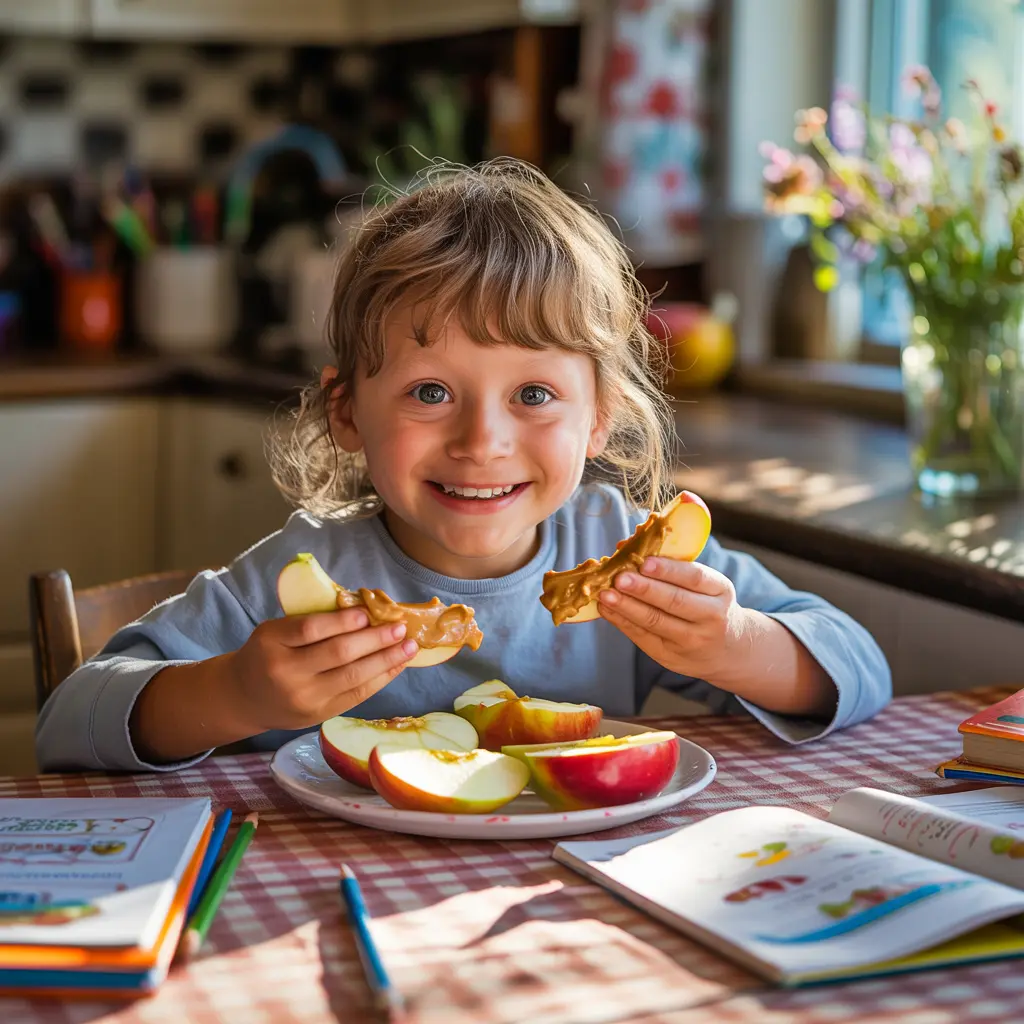 School-age child enjoying healthy after school snack of apple slices with peanut butter at kitchen table