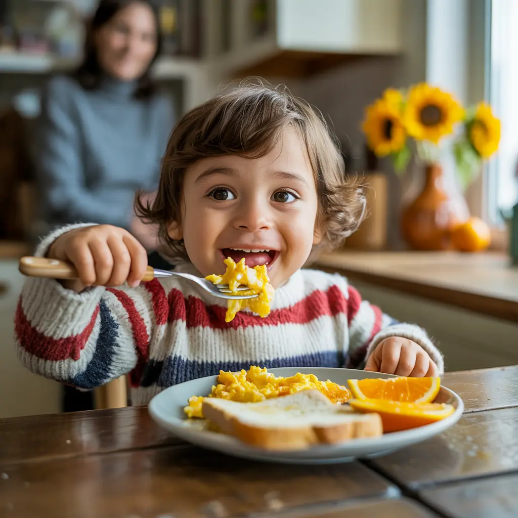Child enjoying nutritious school breakfast at home with parent