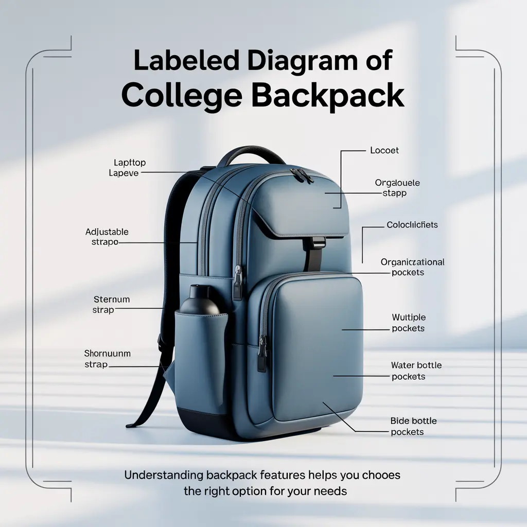 Diagram showing essential features of college backpacks including laptop compartment and padded straps