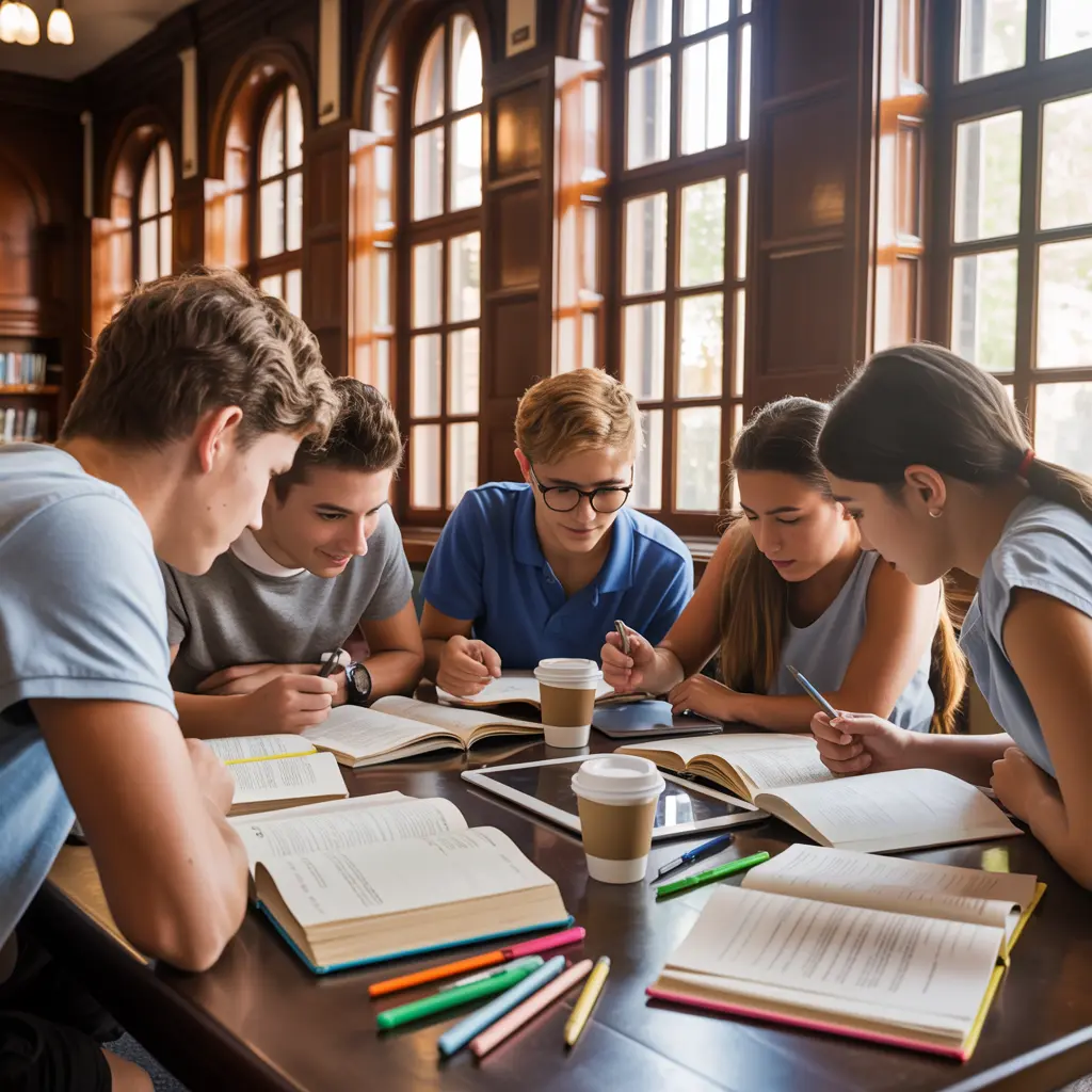High school students working together in study group at library using effective study methods