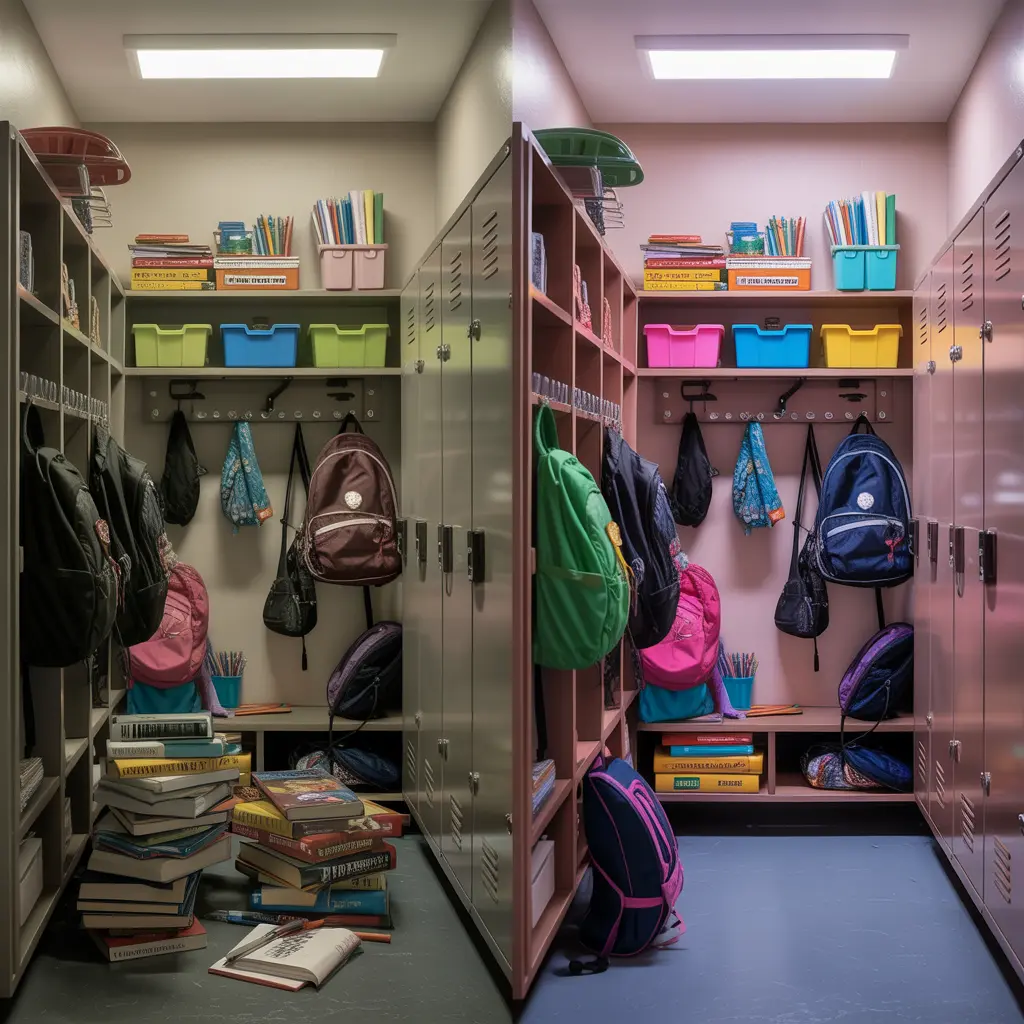 Before and after comparison of messy locker transformed with organization ideas