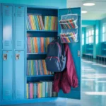 Organized school locker with shelves, magnetic hooks, and storage bins maximizing vertical space