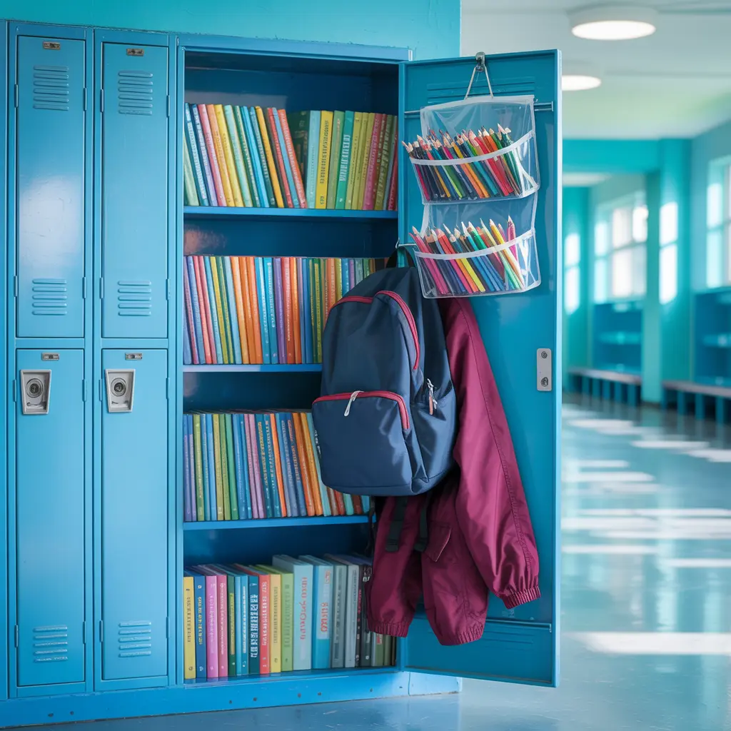 Organized school locker with shelves, magnetic hooks, and storage bins maximizing vertical space