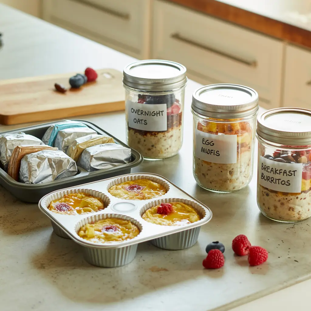 Make-ahead school breakfast meal prep including overnight oats, egg muffins, and breakfast burritos