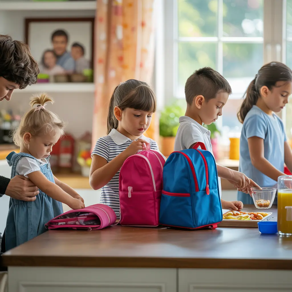 Children of different ages showing varying independence levels in school morning routines