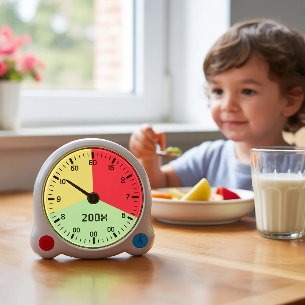 Visual timer helping child manage school morning routine breakfast time
