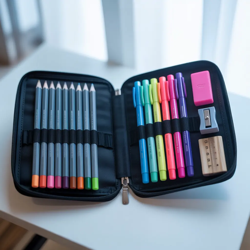 Well-organized pencil case showing proper supply arrangement with compartments for pencils pens and tools