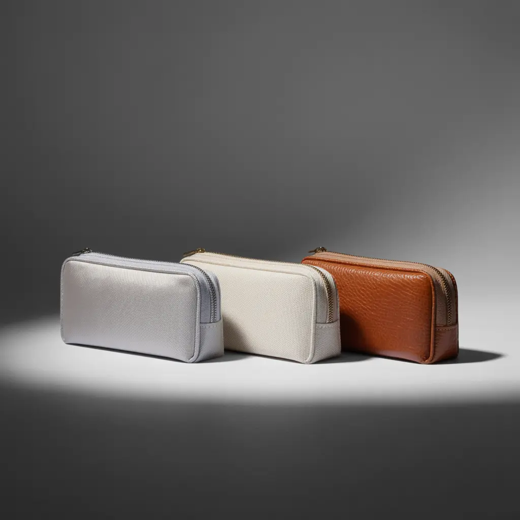 Pencil case materials comparison showing polyester canvas and leather options side by side