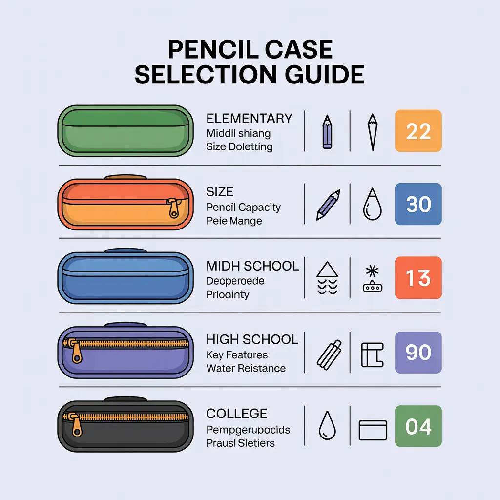 Pencil case selection guide showing recommended sizes and features for elementary through college students