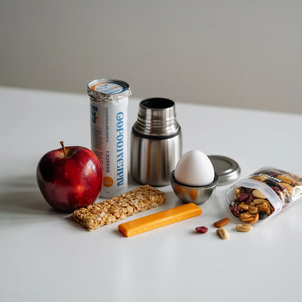 Portable school breakfast options including yogurt, fruit, cheese, and granola