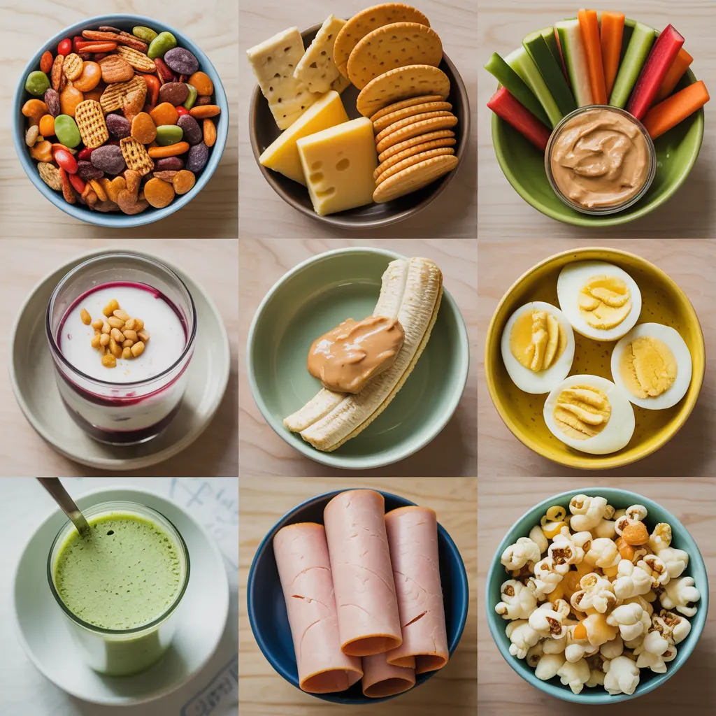 Nine easy after school snack ideas for kids including protein options, fruits, vegetables, and whole grains