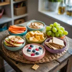 Variety of healthy after school snack ideas including fruit, vegetables, cheese, and yogurt arranged in colorful bowls