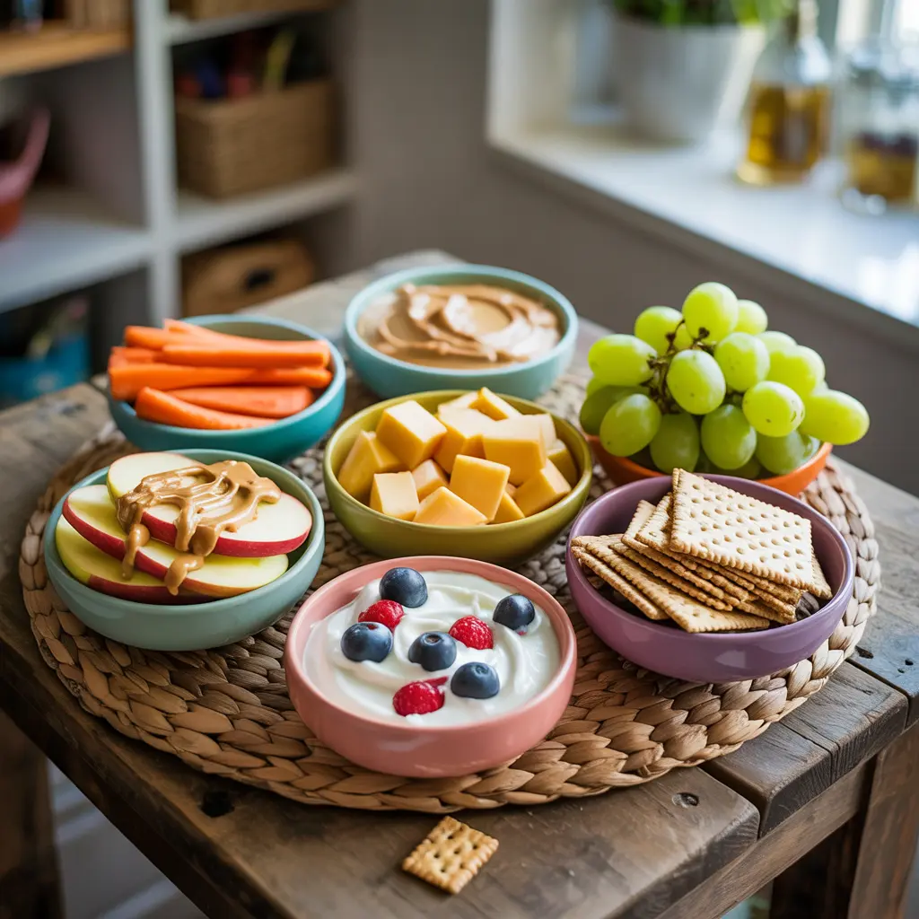 Variety of healthy after school snack ideas including fruit, vegetables, cheese, and yogurt arranged in colorful bowls