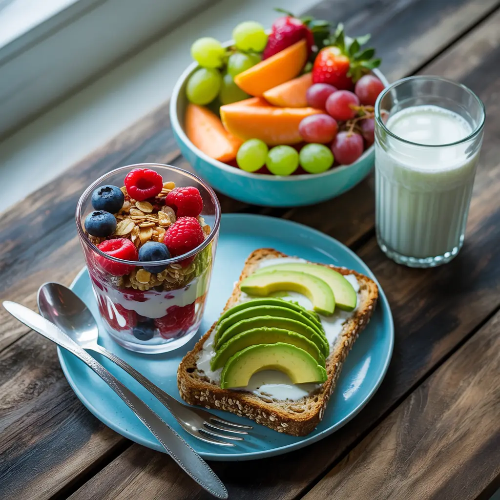 Healthy school breakfast ideas including yogurt parfait, avocado toast, and fresh fruit on wooden table