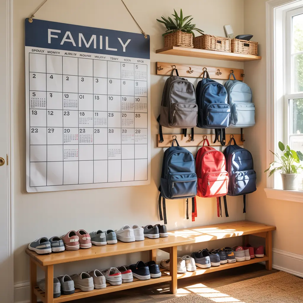 Organized school morning routine station with backpacks, calendar, and shoes ready