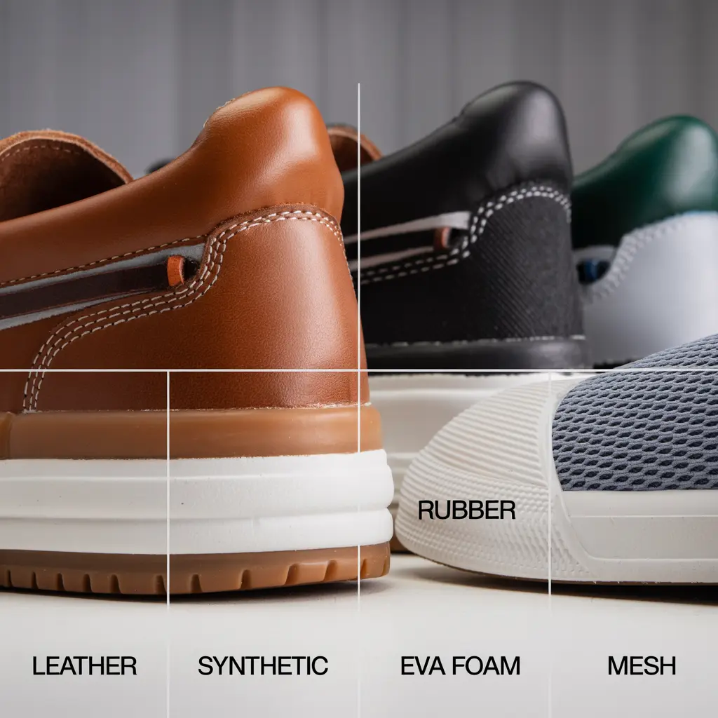 Comparison of different materials used in kids school shoes including leather and synthetic options