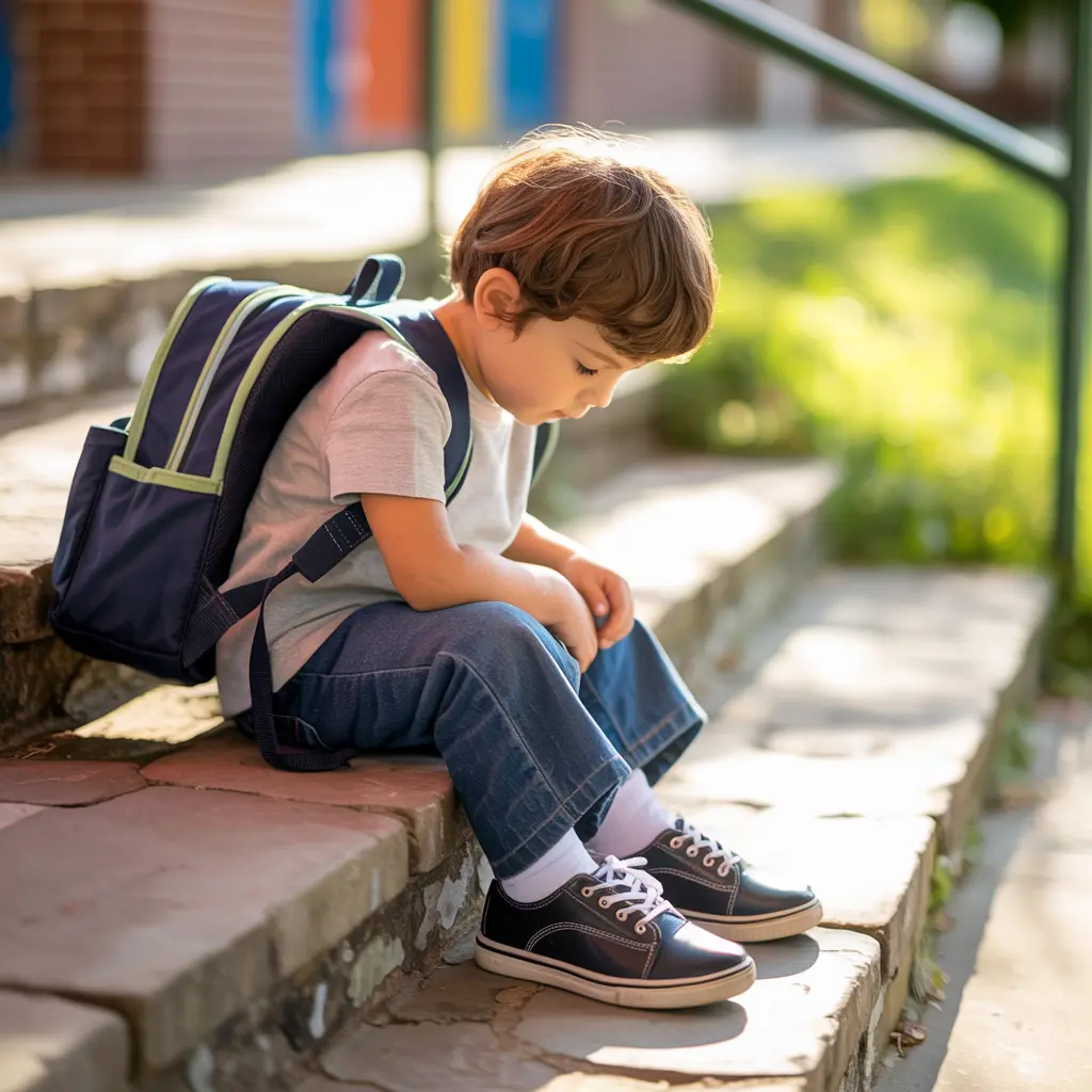 Child wearing comfortable black school shoes sitting on school steps