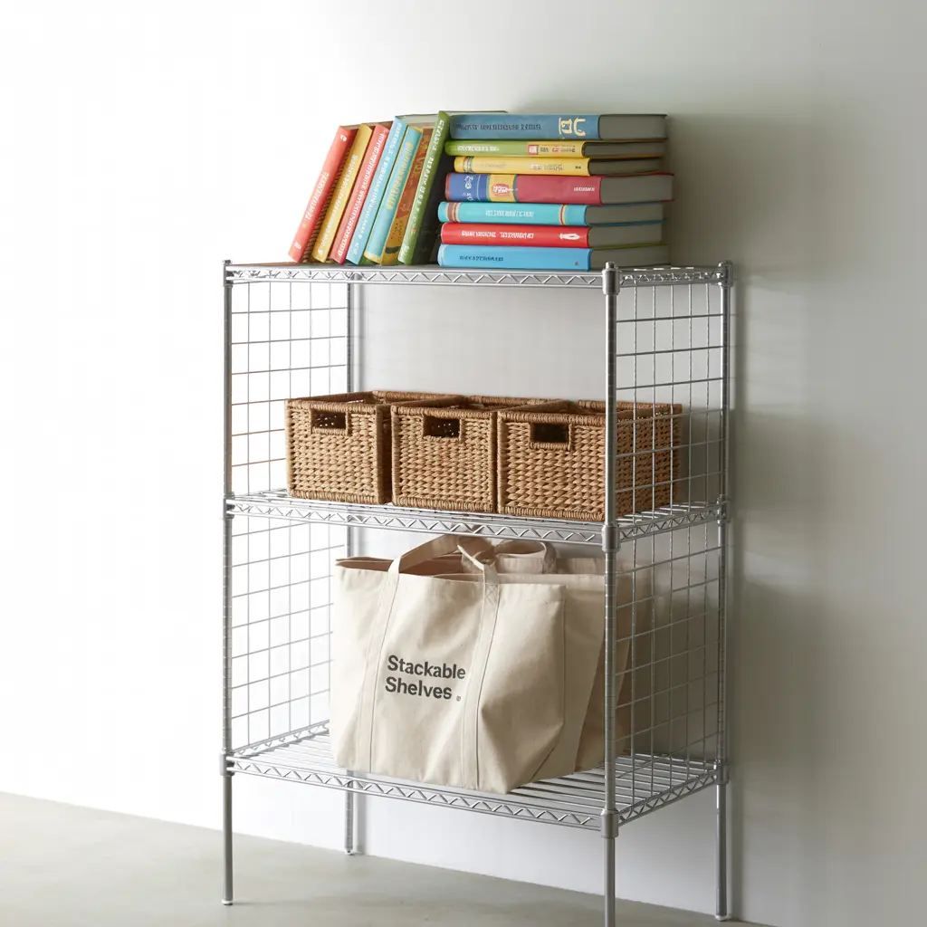 Stackable wire shelves in locker creating three storage levels for books and supplies