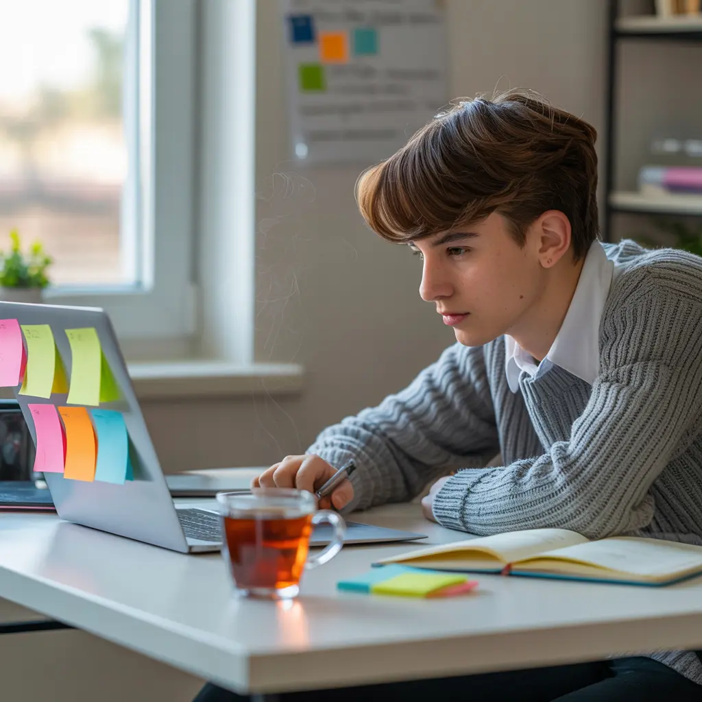 High school student using effective study tips at organized desk with notes and laptop