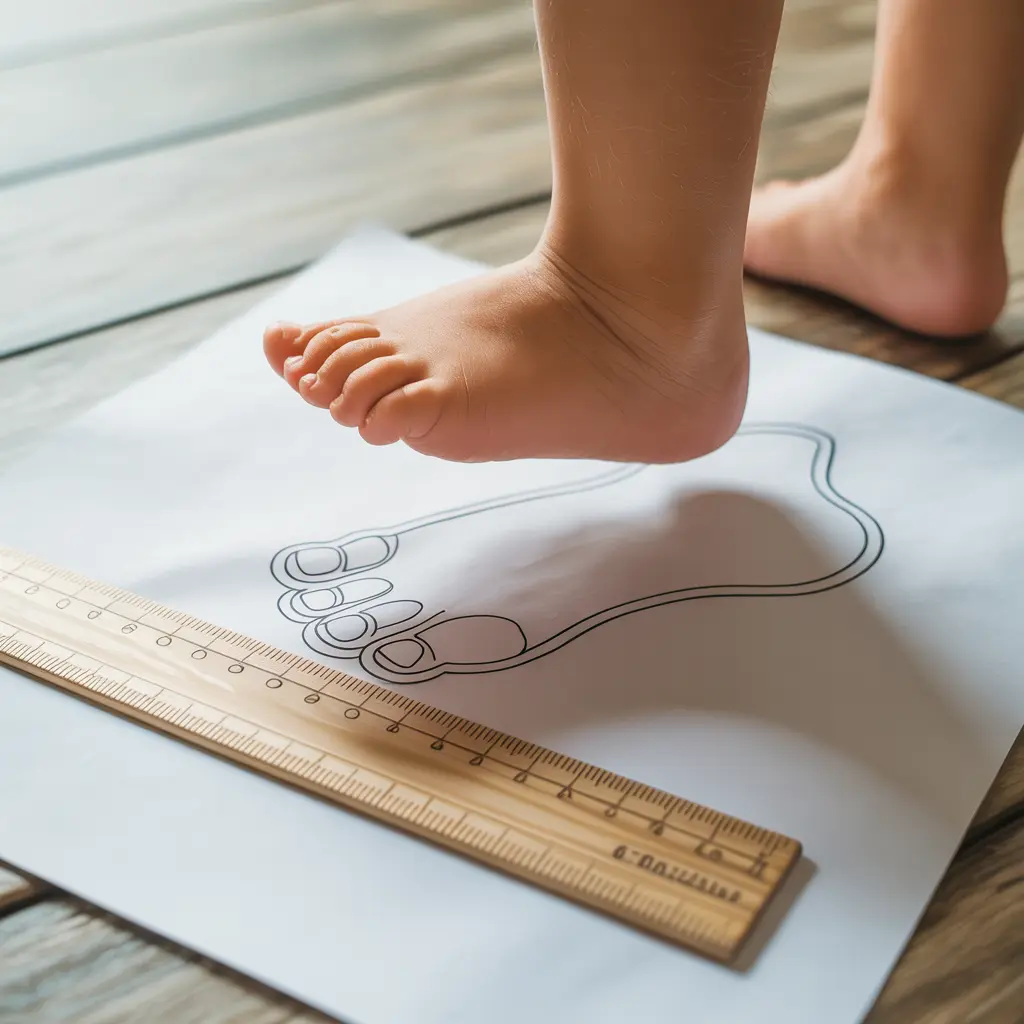 Measuring child's foot for school shoes using paper tracing method